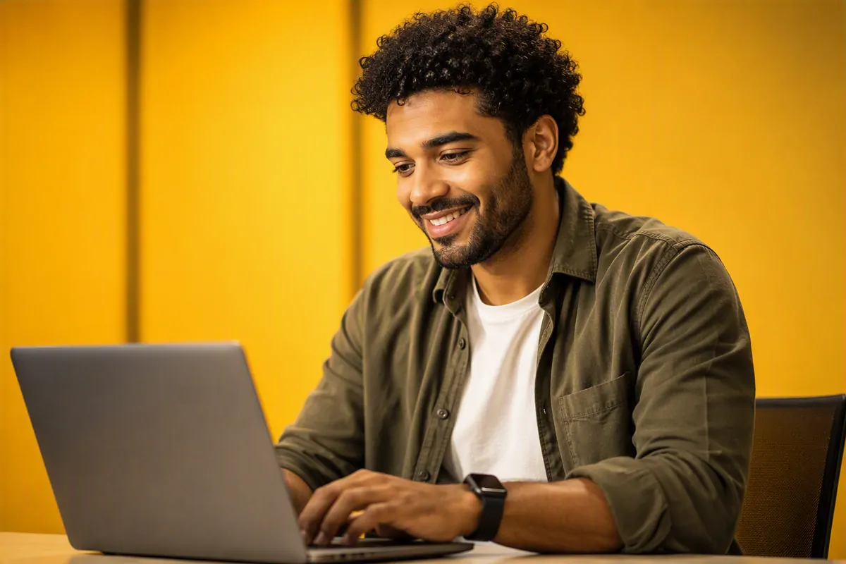 Homem de jaqueta verde sorrindo enquanto digita no notebook